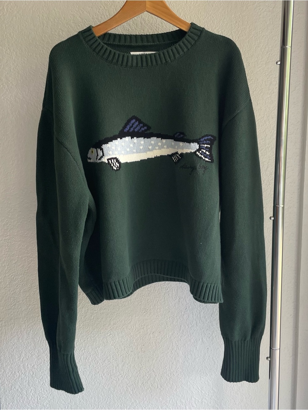 Dairy Boy Green Crewneck Sweater with Fish Intarsia